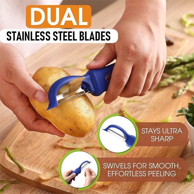 Spring Chef Swivel Potato Peeler with Soft Grip Handle, Set of 2, Sapphire | Premium Vegetable Peeler w/ Sharp Stainless Steel Blades, Multifunctional Food Peeler for Apple, Carrot, Cucumber, Fruit