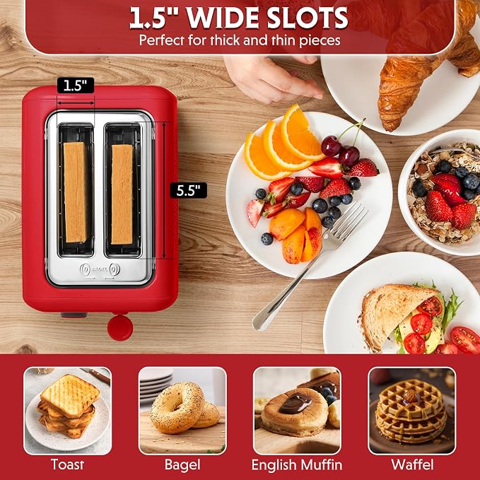 BUYDEEM DT620 2-Slice Toaster, 7 Shade Settings, Extra Wide 1.5'' Slots for Bagel & English Muffin, 6 Toasting Functions, Retro Stainless Steel Toaster with High Lift Lever, Red