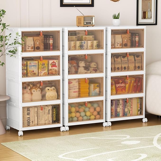 YFXCVSL 4 Tier Plastic Storage Bins with Lid 32QT, Stackable Storage Bins | Plastic Storage Bins with Wheels, Folding Storage Boxes, Organizers and Storage for Living Room,Office,Dorm