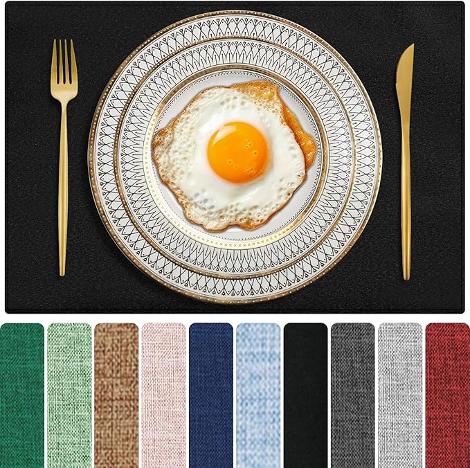 Cloth Placemats Set of 4, Cotton Linen Blend Place Mats, Black | Machine Washable, Double Layered, Heat Resistant, Fabric Dining Table Mats for Kitchen, Indoor & Outdoor, 13" x 19"