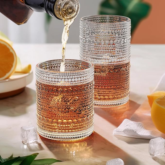 Hobnail Drinking Glasses Set of 12 Kitchen Glass Cups Glassware, Clear | 12 oz Highball Glasses, 10 oz Cocktail Glasses, Vintage Embossed Bar Tumbler Glassware Set for Beer Juice Whiskey Milk