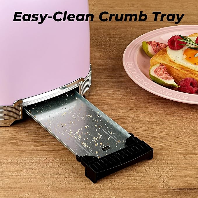 Toaster 2 Slice Retro Stainless Steel, Pastel Pink | 1.5’’ Extra Wide Slots with Bagel, Defrost, Reheat, Cancel Functions, 6 Bread Shade Settings, Removable Crumb Tray
