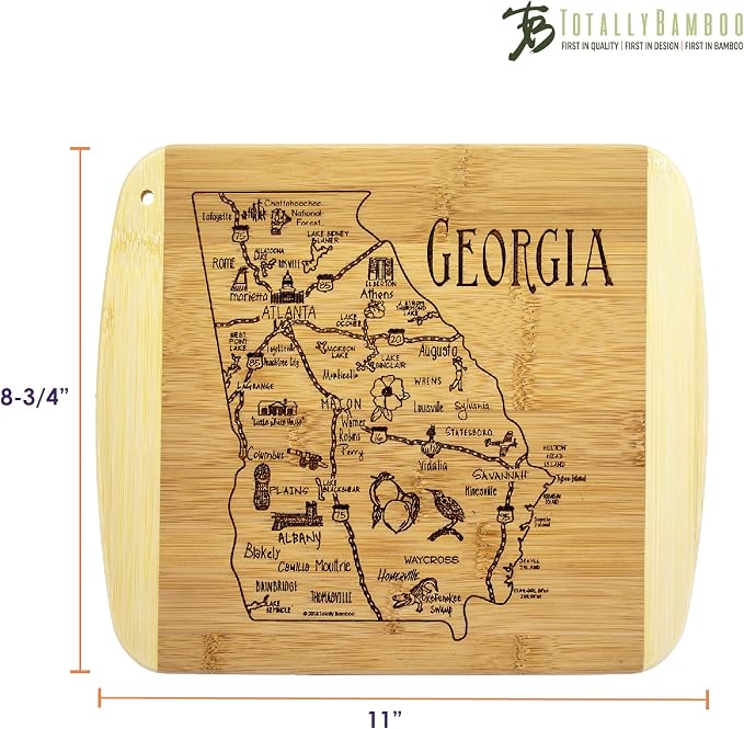 Totally Bamboo A Slice of Life Georgia Engraved Map Cutting Board | 11” x 8.75” charcuterie board with engraved state map artwork. Smooth reverse side for food prep. Hang tie for wall display.