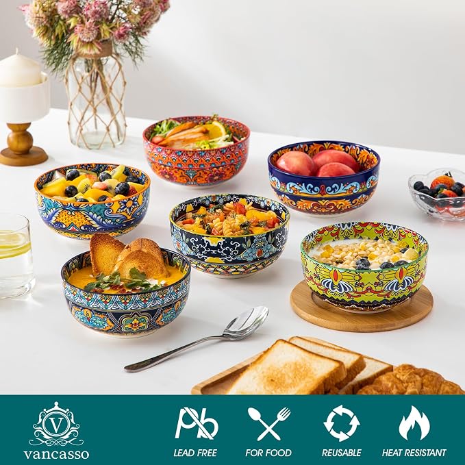 vancasso Cereal Bowls Set of 6, 28oz Porcelain Soup Bowls, Colorful | Bowls for Eating, Bohemian Ceramic Bowls for Salad, Fruit, Pasta, Microwave & Dishwasher Safe Bowls Set, Stackable Design
