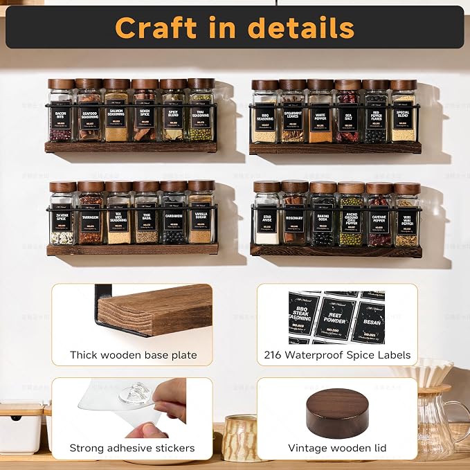 4-Tier Wall Mount Spice Rack Organizer with 24 Glass Jars, 216 Labels & Funnel - Screw/Adhesive Mount, Black Metal & Wood Spice Storage for Kitchen Pantry Cabinet, 11.6”L x 2.4”W x 3.2”H
