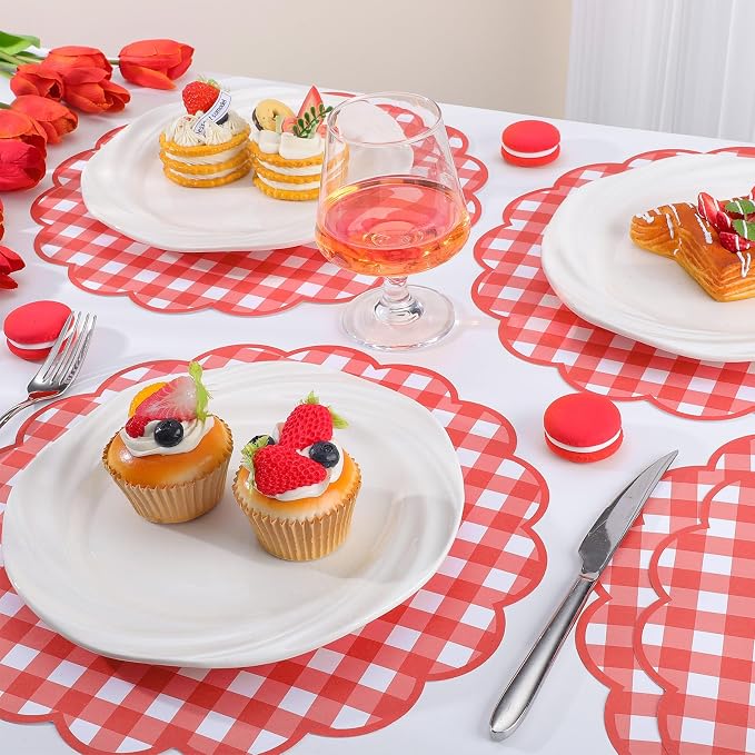 60 Pcs Red and White Gingham Paper Placemats, Scalloped Checkered Place Mat | 13.5 Inch Disposable Picnic Placemats Decorative Paper for Table Setting BBQ Baby Shower Wedding Bridal Banquet Tea Party