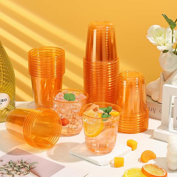 KesaPlan 100Pcs 12oz Orange Plastic Party Cup, Disposable Wine Cocktail Cup | Halloween Fall Cute Crystal Wine Stemless Glasses, Round Bottom PET Cold Drink Cups for Thanksgiving Wedding Birthday Party
