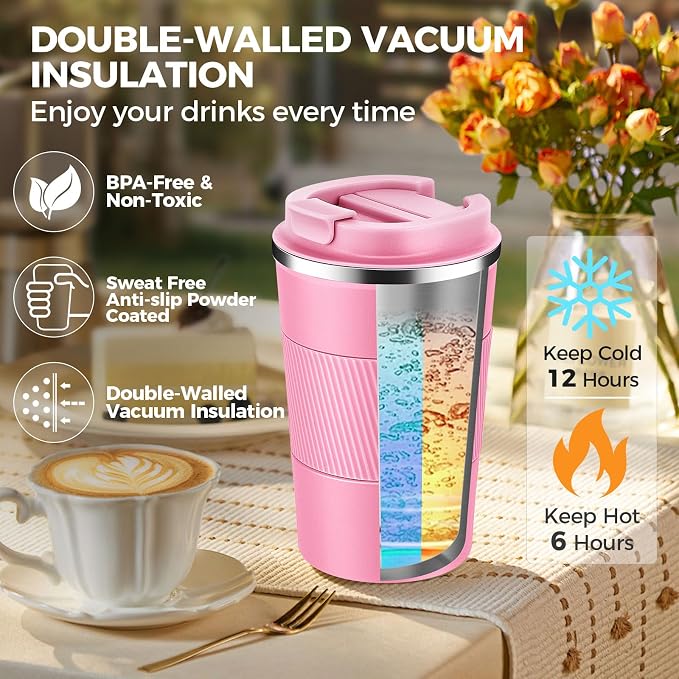 Volhoply 13 oz Stainless Steel Insulated Travel Coffee Mug with Fip Lid,Reusable Double Wall Vacuum Metal Coffee Cup,Portable to Go Leak Proof Cafe Thermal Tumbler for Hot & Cold Drinks(Pink,1)