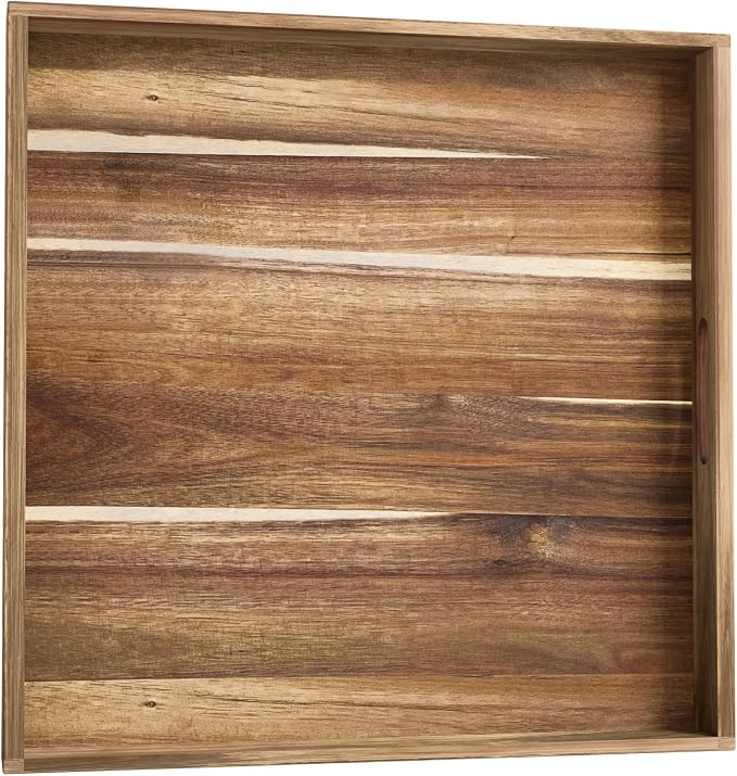 Extra Large Ottoman Tray, 24" Square Acacia Wood Tray with Handles | Farmhouse Wooden Decorative Trays, Oversized Coffee Table Tray, Serving Platter Tray for Living Room, Countertop, Charcuterie