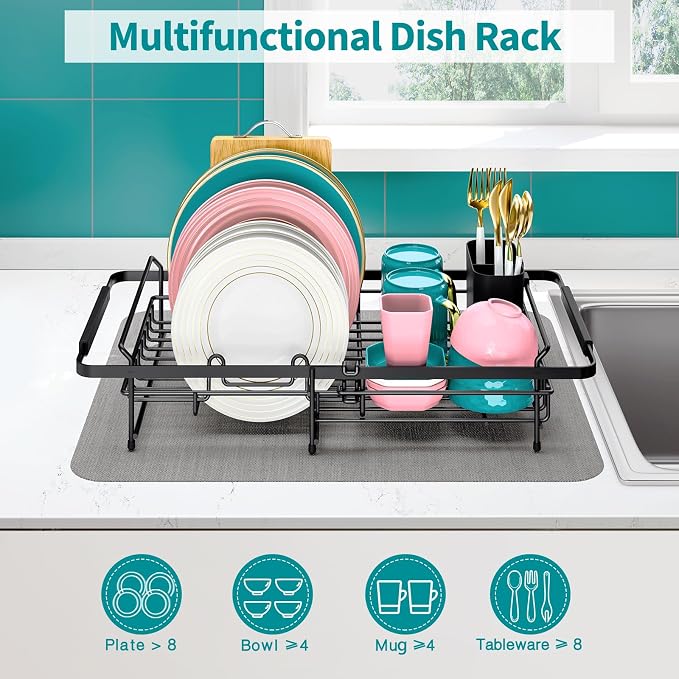 Urackify Expandable Stainless Steel in Sink Dish Drying Rack | Expandable design fits 13"-18" sinks. Rustproof stainless steel construction. In-sink rack with utensil holder.