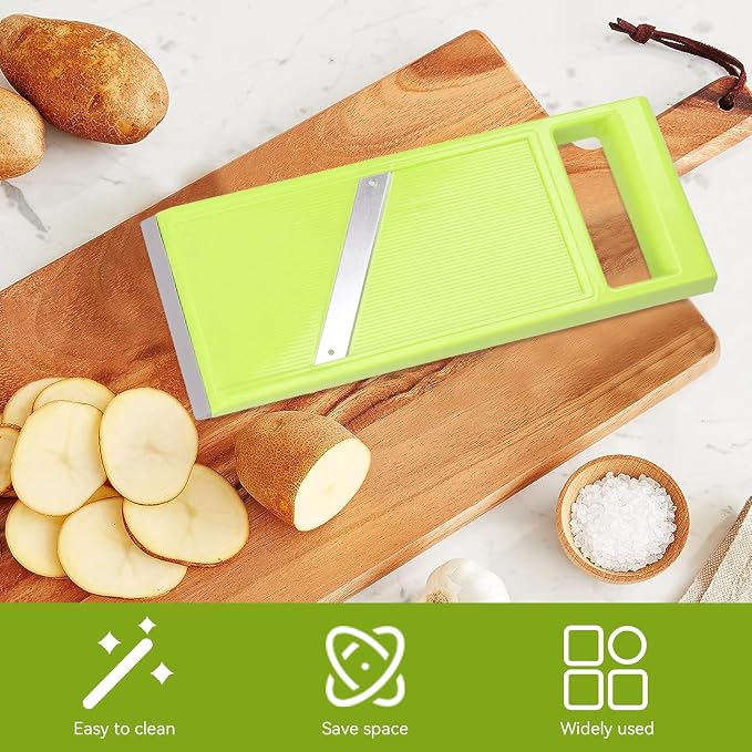 Handheld Potato Slicer & French Fry Cutter, Stainless Steel Manual Vegetable Slicer for Chips Homemade Fries Carrots Zucchini Easy Grip Green Slicer Chip Maker (4.25x10.8in)