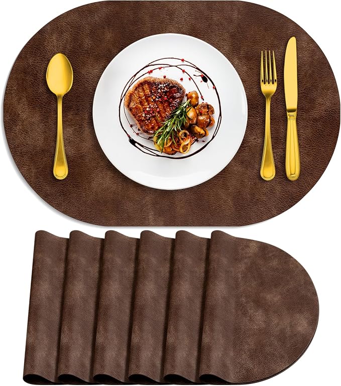ADRIMER Placemats, Heat Resistant Oval Placemats Set of 6 Washable 12 x 17 Inch, Waterproof Table Mats, Wipeable Pu Place Mats for Kitchen, Dining Room, Brown