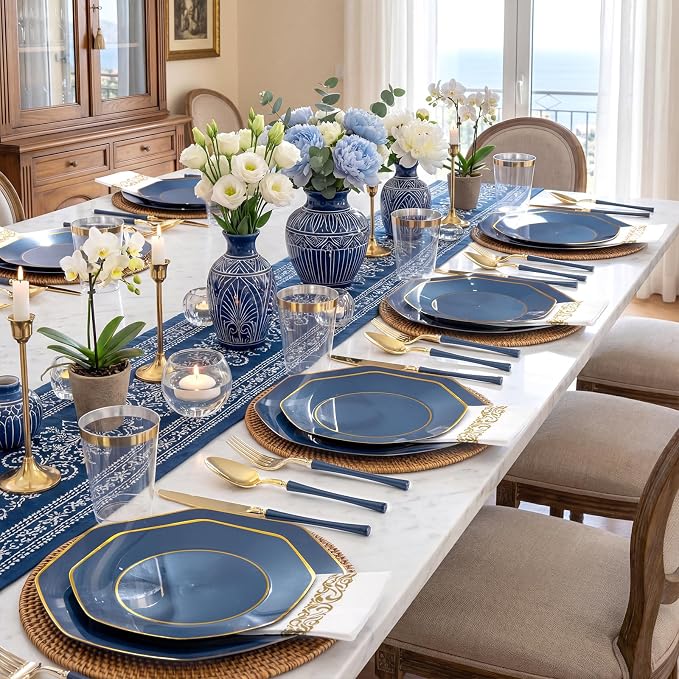 KIRE 140Pcs Blue Plastic Plates with Gold Rim - Navy Blue Plates for Party | Include 40pcs Blue and Gold Plates, Gold Plastic Silverware with Blue Handle&Clear Cups&Hand Napkin for Wedding