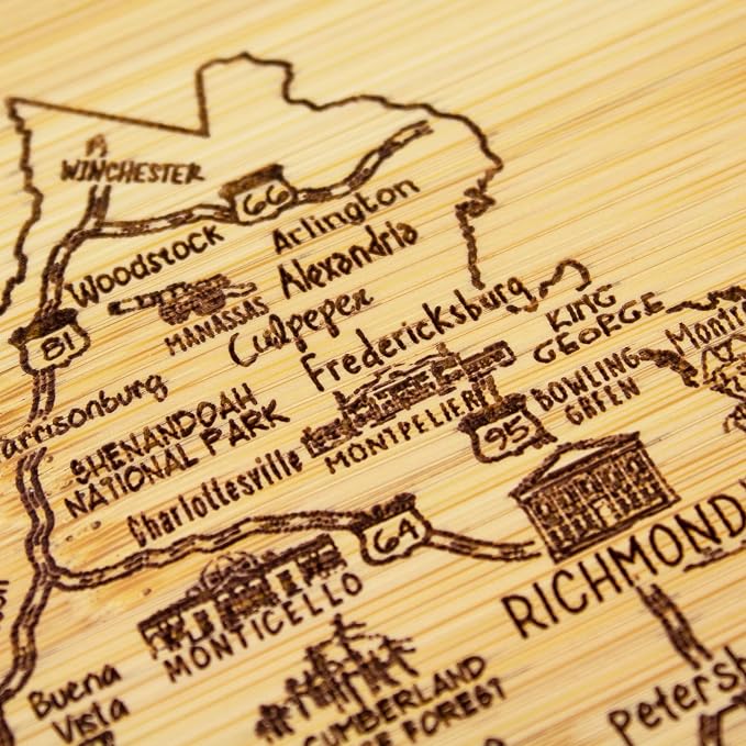 Totally Bamboo A Slice of Life Virginia Engraved Map Cutting Board | 11” x 8.75” charcuterie board with engraved state map artwork. Smooth reverse side for food prep. Hang tie for wall display.