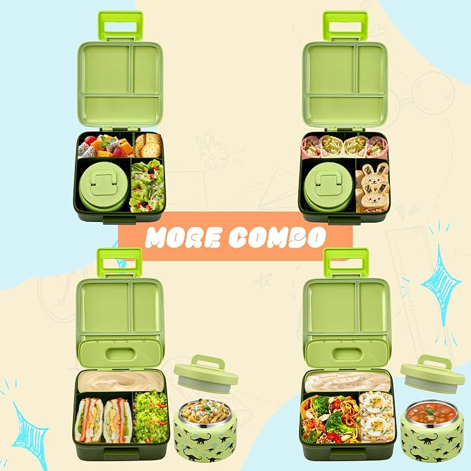 Bento Lunch Box for Kids with 8oz Soup Thermo Leak-Proof Lunch Food Containers with Snack Sauce Container for Kid Girls Boys to School (Forest Dinosaur)