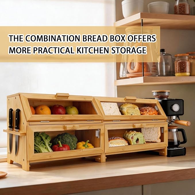 Bamboo Bread Box for Kitchen Countertop,Large Bread Storage Container with window,Modern Bread Storage Bin with Tool Holder for Homemade Bread Organizer (Double Layer)
