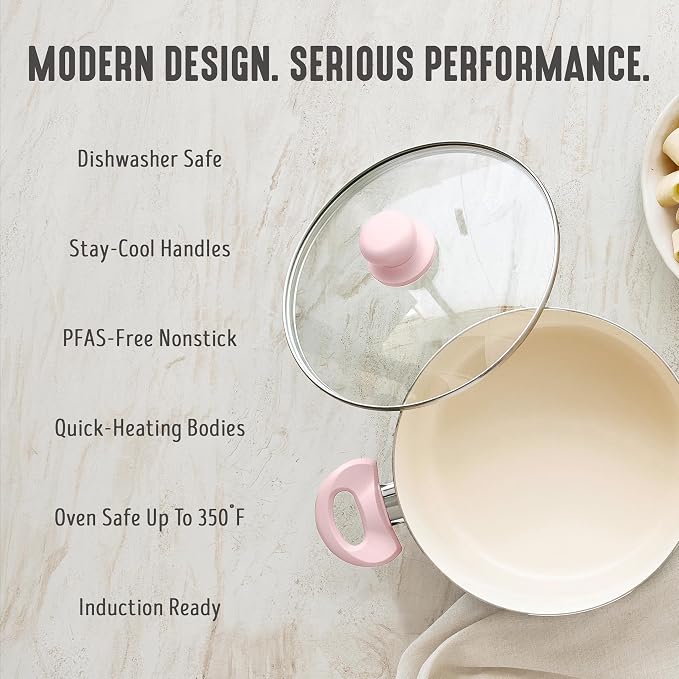 GreenLife 5QT Ceramic Nonstick Stockpot with Lid, Blush Pink | PFAS-Free Nonstick Coating, Casserole Pot, Soup Pot, Pasta Pot, Induction Ready, All Stovetop Compatible, Dishwasher Safe