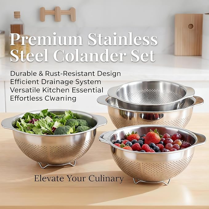 Stainless Steel Colander for Kitchen with Handle for Pasta (5QT) | Fine mesh. Dishwasher safe. Great for straining spaghetti, vegetables, fruit, noodles, eggs & rice