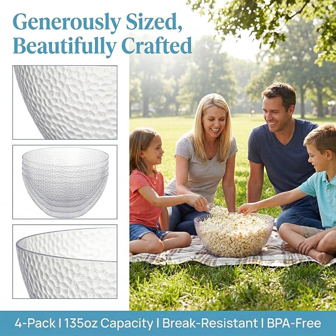 4 Pack Clear Plastic Serving Bowls, 135 OZ Large Round Plastic Bowls, 10 Inch Disposable Reusable Salad Mixing Bowl Buffet Containers for Catering, Party, Salad, Fruit, Chips, Popcorn, Snack