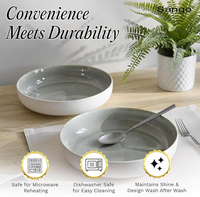 SANGO Resona Moss Large Serving Bowl (Set of 2), 64.25 oz, 10" Stoneware Bowls for Pasta, Salad & Dinner, Big Ceramic Bowls for Entertaining with Glossy Reactive Glaze, Dishwasher & Microwave Safe