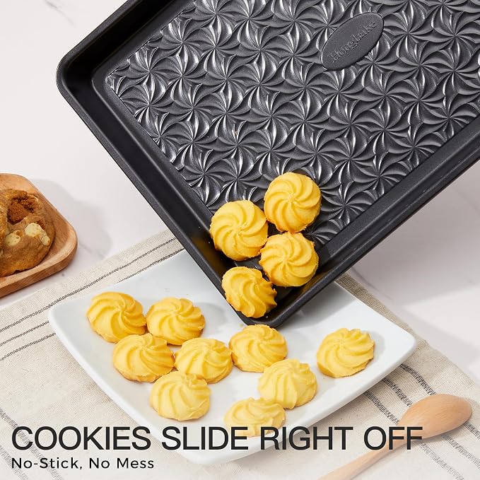 Nonstick Baking Sheet Pan Set of 3, Cookie Sheets for Oven, Non-Toxic, Gray | Half, Quarter & Jelly Roll Pans, Floral Swirl Texture, Heavy-Duty 0.8mm Carbon Steel, Even Heat Distribution