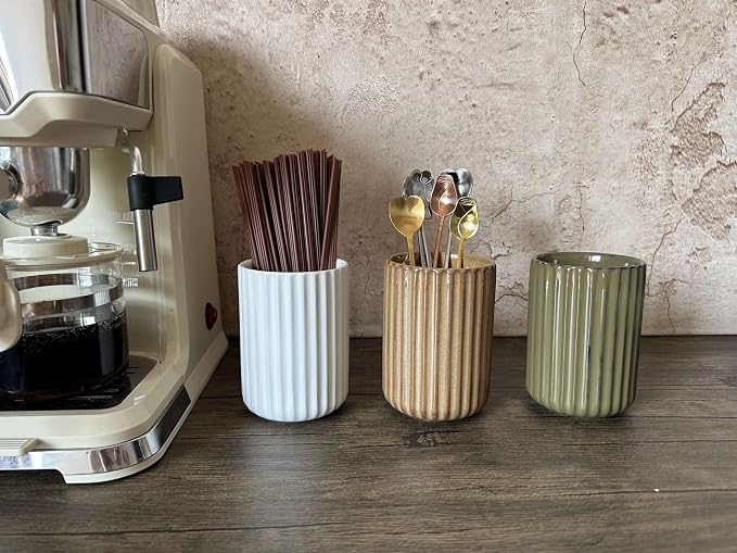 TOPYOKK Stoneware Coffee Bar Utensil Holder Tea & Coffee Spoon & Stirrer Holder for Stir Stick Straw Teaspoon Holder Espresso Spoon Cup Small Utensil Jar Fluted Vertical Stripe (Rustic Brown)