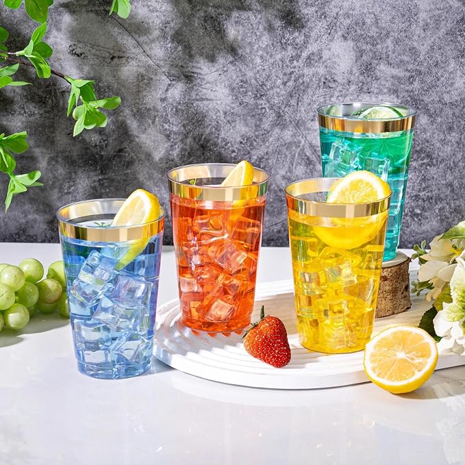I00000 50 Pack 14 oz Gold Plastic Cups, Gold Disposable Cups Tumblers, Disposable Plastic Wine Glasses Cocktail Glasses Perfect for Wedding & Parties