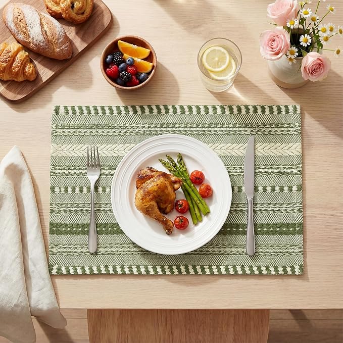 Artoid Mode Army Green Farmhouse Woven Braided Stripe Placemats Set of 6,12x18 Inch Seasonal Holiday Table Mats Party Kitchen Dining Decoration