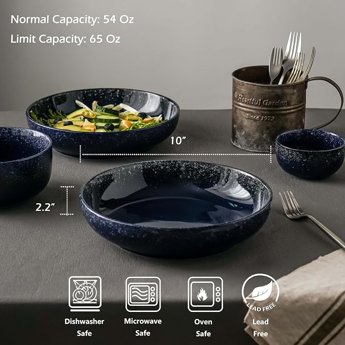 S&Q'S CERAMICS Large Serving Bowls Set of 4, 65 ounce Large Salad Bowls, 10'' Ceramic Wide Shallow Bowl Plates, Pasta Serving Dishes for Party, Entertaining, Microwave Safe(Navy Blue)