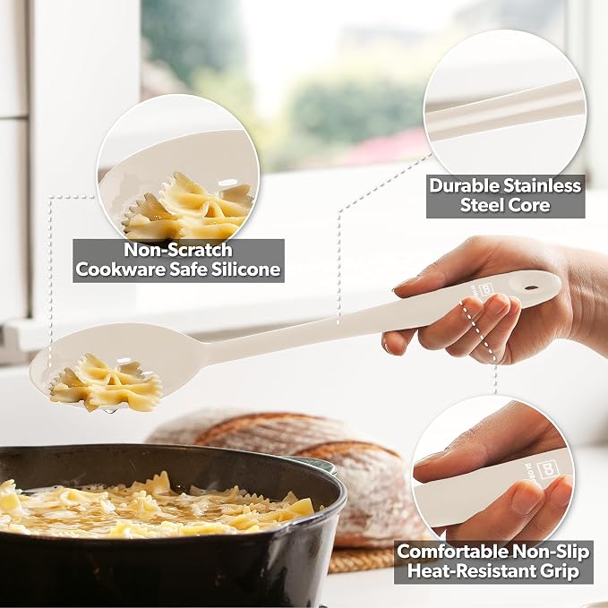 DI ORO Silicone Cooking Spoons - Solid & Slotted Set, 2-Pc Clay | Large heads for mixing, serving, and stirring; Heat-resistant to 600F for nonstick cookware; BPA-free and dishwasher safe