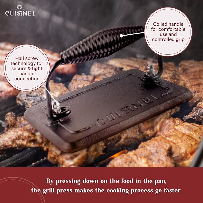 Cuisinel 10.5-Inch Square Cast Iron Grill Pan Set – PFAS & PFOA-Free Pre-Seasoned Ribbed Skillet with Grill Press, Glass Lid & Pan Scraper – Indoor Stovetop, Grill & Camping Cookware