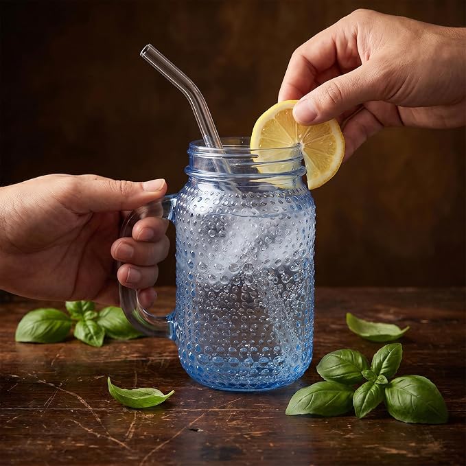 DaYammi 6 Pack 24oz Hobnail Mason Jars Cups Drinking Glass Cups with Lids & Straws, Blue Wide Mouth Mason Jars Cups with Handle, Tumblers for Coffee Smoothies, Iced Tea, Juice, Beer, Cocktail, Whiskey