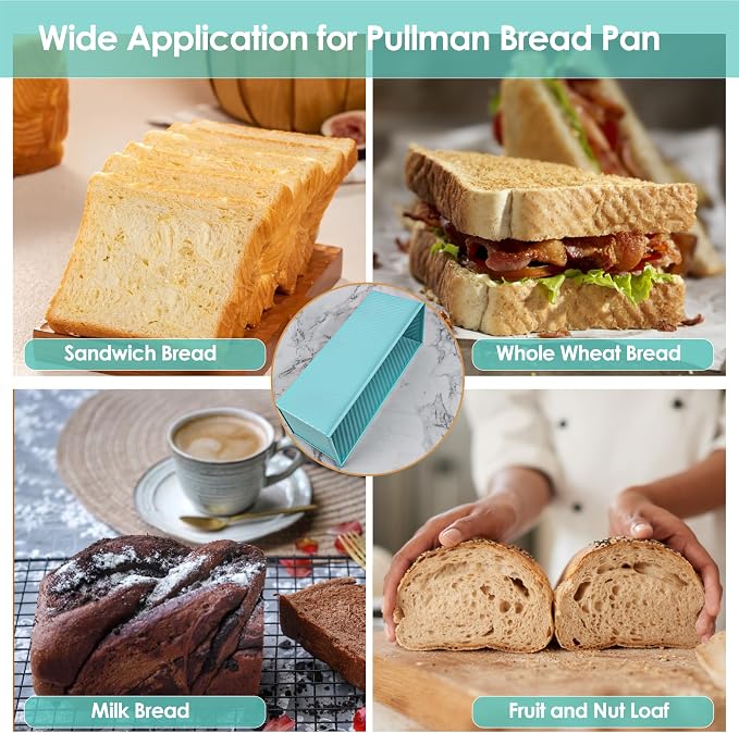 Blue Pullman Loaf Pan with Lid, 2.2LB Bread Loaf Pan, PFTE &PFOA Free Non-Stick Surface Ensure Safe and Healthy Baking, Unique and Reliable Bread Pan Add A Touch of Elegance to Your Kitchen