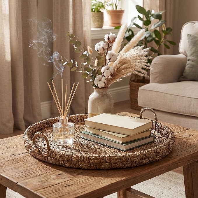Large 15.7 Inches Rattan Round Serving Tray with Handles Round Braided Bankuan Basket with Handles for Decorative Coffee Table Fruit Bread