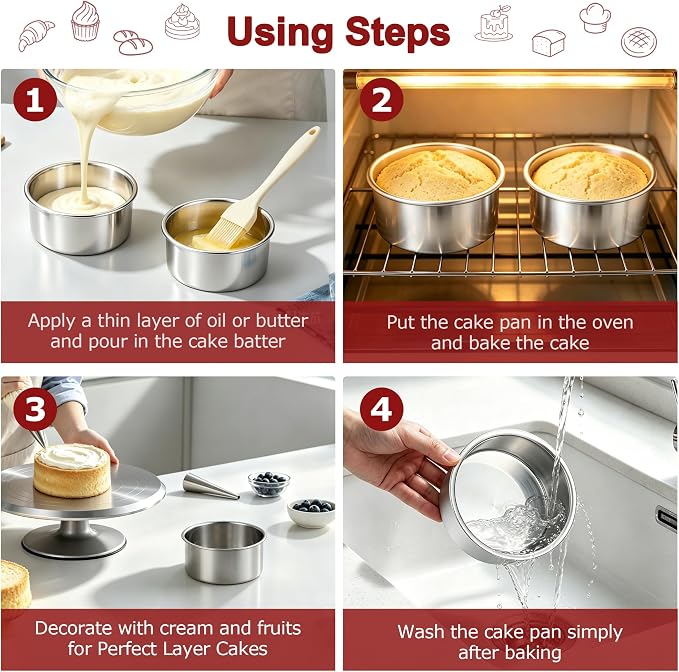 LIANYU 4 Inch Cake Pan Set of 3, Stainless Steel Mini Round Baking Pans | Non Toxic Small Metal Bakeware Tins, Leak-proof, Dishwasher Safe, Ideal for Birthday Wedding Christmas Party