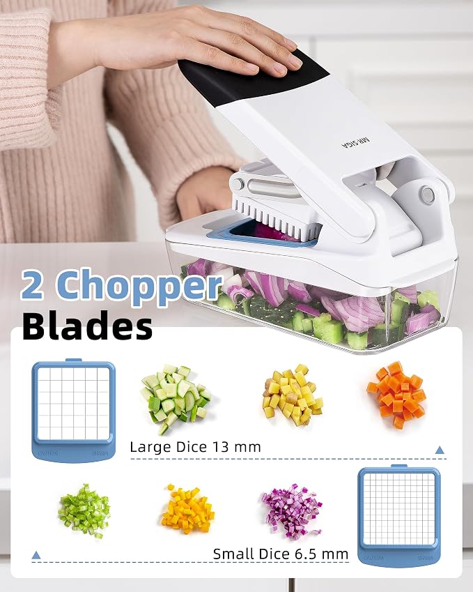 MR.SIGA Vegetable Chopper with Container, Vegetable Cutter for Onion Fruit | 50% less effort for every chop, 2 in 1 manual food veggie chopper with 2 stainless steel chopping blades