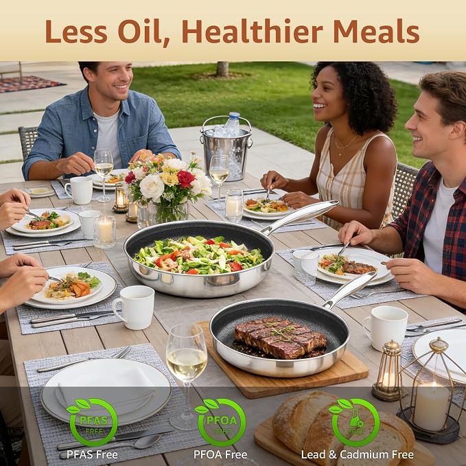 LOLYKITCH 10-12 Inch Nonstick Frying Pan Set with Glass Lids | PFOA Free | Hybrid Stainless Steel Skillet | Non-Toxic | Stay-Cool Detachable Handle | Dishwasher and Oven Safe | Induction Ready