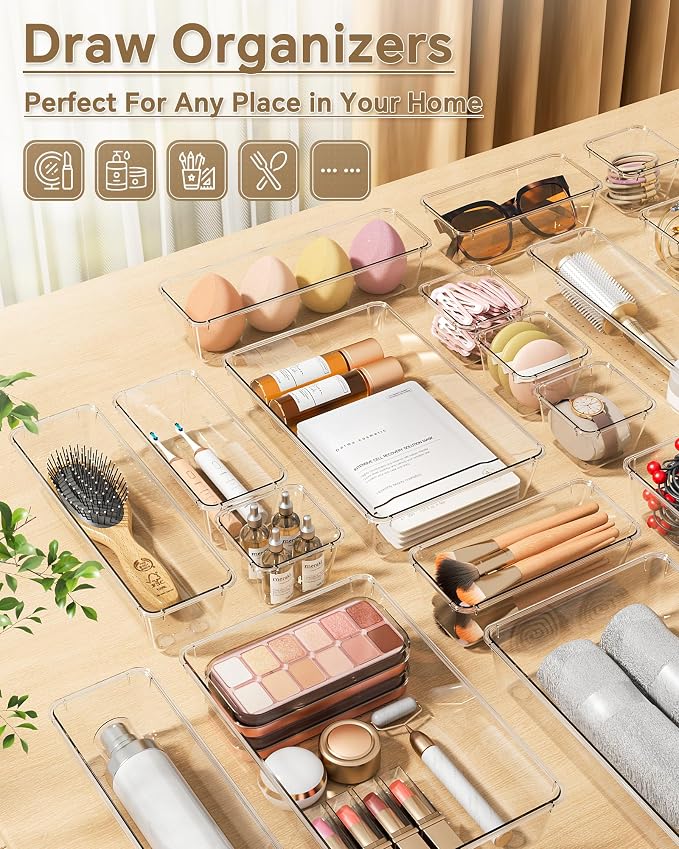KEMETHY 25 PCS Plastic Drawer Organizers Set, 4 Sizes Vanity Organizer | Makeup and Desk Drawer Organizer Trays, Organization and Storage for Makeup, Bathroom, Kitchen Utensils and Office (Clear)