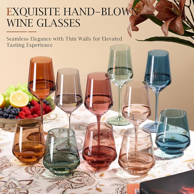 comfit Colored Stemless Wine Glasses Set of 6-17 oz Hand-Blown Crystal Colored Glassware with no Stem, Multicolor Glassware for Lovers, Wedding, Birthday, Mother's Day Housewarming Gifts for Women
