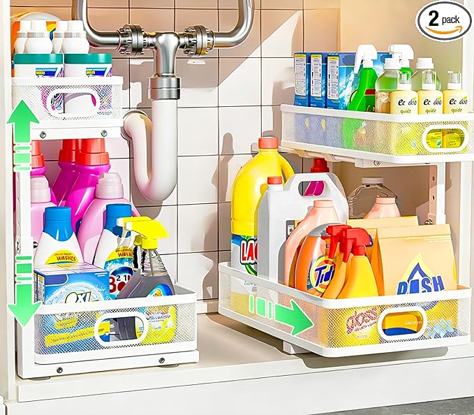 Under Sink Organizer 2 Pack, High Adjustable 2 Tier Under Sink Organizers and Storage, Slide out Metal Cabinet Organizers, Pull out Storage Drawer Shelf for Kitchen Bathroom Cabinet (White)