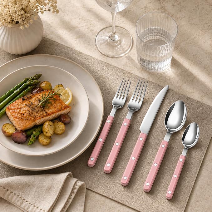 Khen Cutlery Set of 20 Pieces, 18/8 Stainless Steel Flatware, Modern Silverware for Home, Kitchen, Dining & Table Setting for 4, Dishwasher Safe, Lightweight & Ergonomic Design Gift - Pink