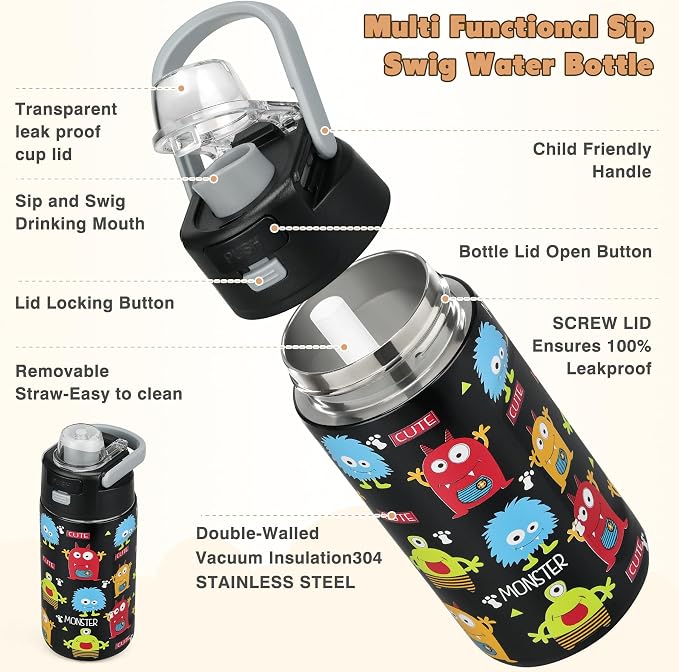 Bento Lunch Box for Kids with 7oz Soup Thermo,Insulated Stainless Steel Kids Water Bottle with Straw and Insulated Lunch Bag,Leak-Proof Lunch Food Container with Ice Pack for School(Black-Cute)