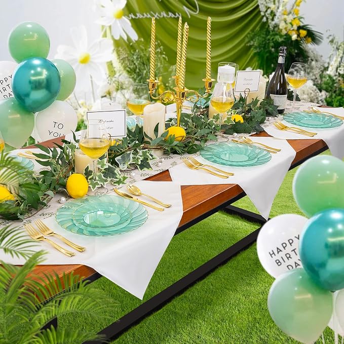 YOUBET 125PCS Clear Green Plastic Plates with Gold Rim for Wedding Party | Green and Gold Plastic Plates Include 25 Dinner Plate 25 Dessert Plate 75 Disposable Silverwares