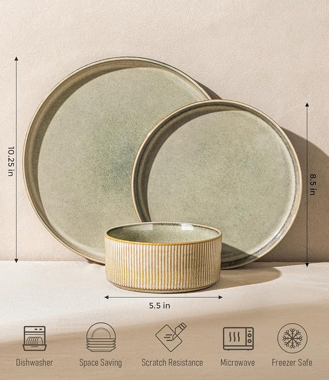 GBHOME Stoneware Dinnerware Sets for 4,12-Piece Plates and Bowls Set | Handmade Reactive Glaze Ceramic Dish Set, Scratch Resistant, Dishwasher&Microwave Safe,Desert Sage