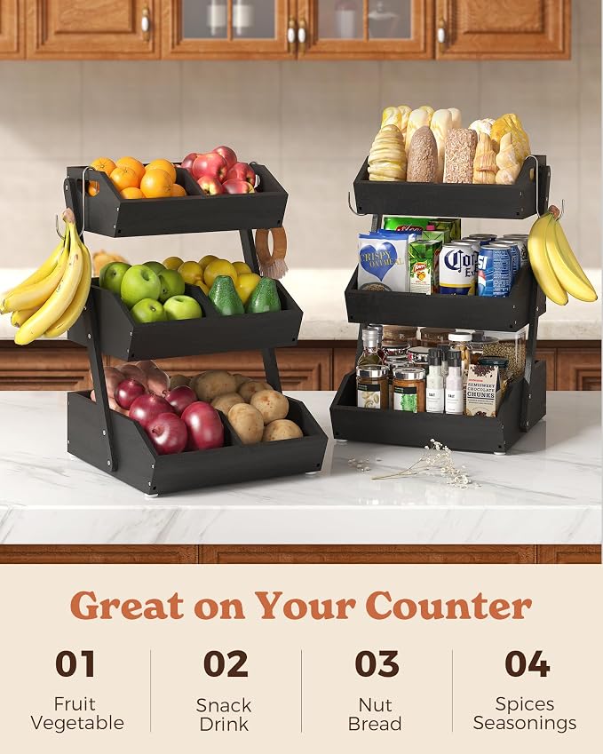 3-Tier Bamboo Fruit Basket with 2 Banana Holders Black | Large tiered organizer for bread, snacks, veggies. Sturdy bamboo, includes mats & dividers. Easy to assemble.