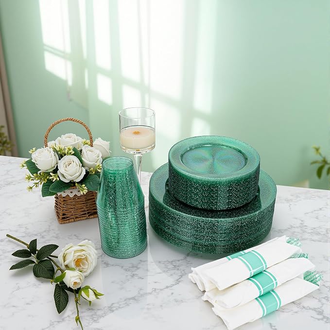 DaYammi 210PCS Green Glitter Plastic Dinnerware Set for 30 Guests, Fancy Disposable Plates for Party, Include: 30 Dinner Plates, 30 Dessert Plates, 30 Pre Rolled Napkins and 30 Cups