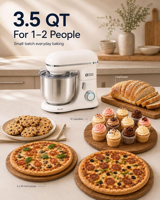 Kitchen in the Box Stand Mixer, 3.5 QT Small Kitchen Electric Dough Mixer | 10-Speed, for 1–2 People, Beginner-Friendly, with Dishwasher-Safe Dough Hook, Beater & Egg Whisk, Cake, White