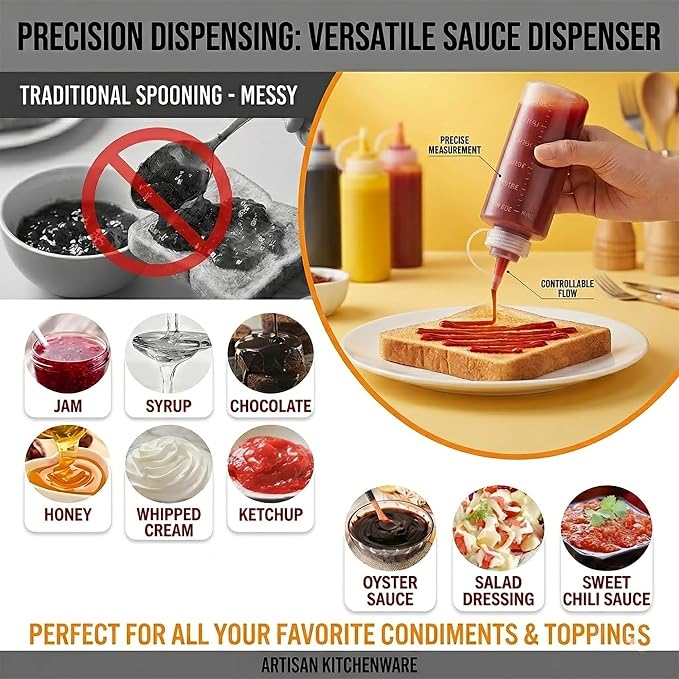 Supervalue Pack of 4 Pieces Kitchen Condiment Dispensers, 2 Glass Oil Spray Bottle(3 Oz) and 2 Squeeze Bottle (12 Oz) Set, with Measurements