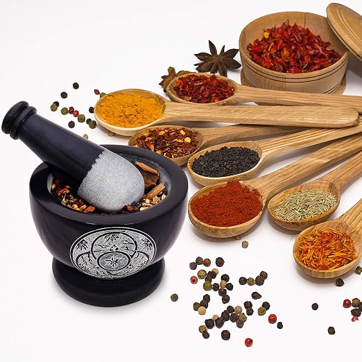 Mortar and Pestle, Made of Heavy Duty Polished Hard Stone, Natural Stone Grinder for Spices, Pastes, Herbs, Seasoning etc. (Black with Engraving)