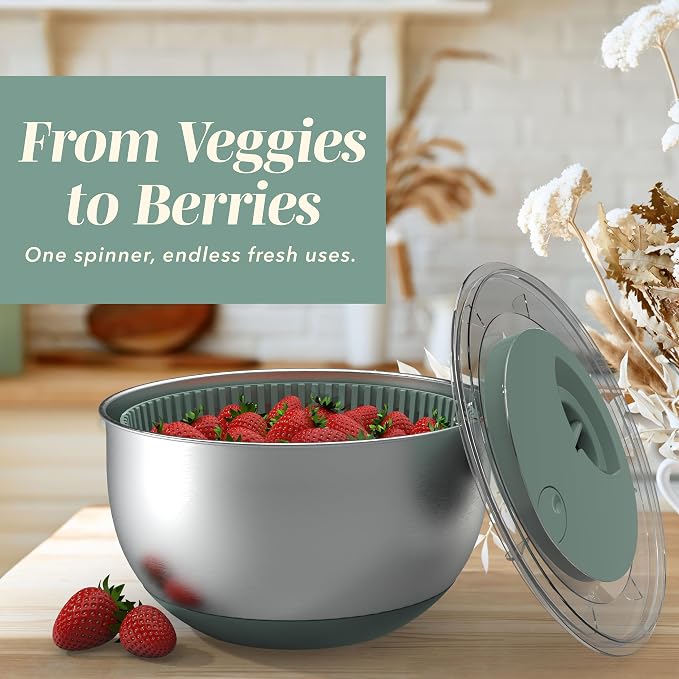 COOK WITH COLOR Stainless Steel Salad Spinner - 5 Qt. Lettuce Washer And Vegetable Spinner Dryer for Easy Salad Prep - Non Slip Base with Pull Handle - Auto Stop Brake System, Stain and Odor Resistant